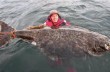 Рыбак прыгнул в море, чтобы сделать фото со 100-килограммовым палтусом