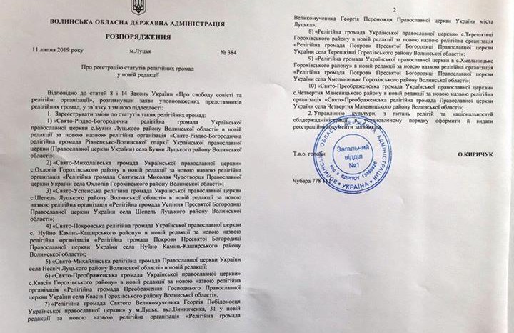 Волынская ОГА распорядилась о перерегистрации 10 приходов УПЦ в ПЦУ